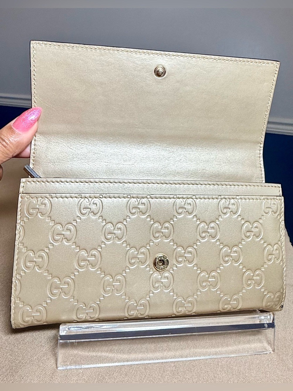 Authentic Gucci Guccissima GG Bow Continental Wallet /Unbranded Chain Gold/Cream - Picture 10 of 16